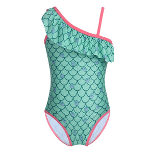 ME- 2019 One Piece Swimsuit Girls Ruffle Mermaid Kids Cute Swimwear One shoulder Swimsuits Swimming Bathing Suit