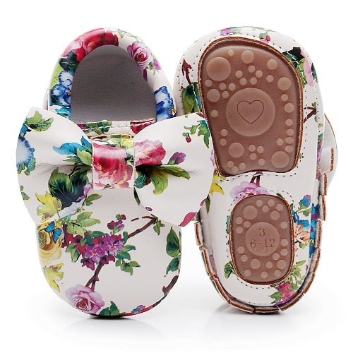 SH- Fashion Floral printing hard sole toddler moccasins first walker shoes PU leather cute bow baby girls shoes infant walk shoes