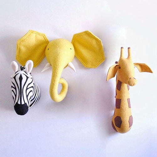 RD- Baby Nursery 3D Animal Head Wall Mount Kawaii Stuffed Elephant/Giraffe/Zebra Wall Hanging Toys Kids Room Animal Wall Sculptures