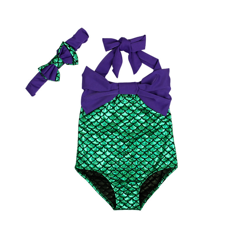 ME- 2019 Sets Mermaid little 2T-6T Girls Swimwear Purple Swimsuit + Bow Headband