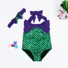 Load image into Gallery viewer, ME- 2019 Sets Mermaid little 2T-6T Girls Swimwear Purple Swimsuit + Bow Headband