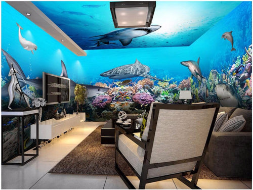 CA-Custom photo 3d wallpaper Underwater world shark theme space full house background wall living room 3d wall mural wallpaper Starting at $31.99