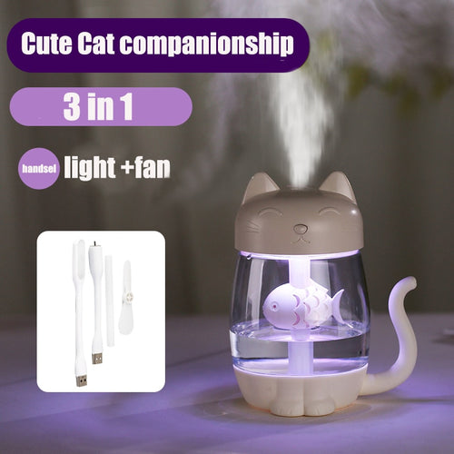 MH-Adorable! 3 in 1 350ML USB Cat Air Humidifier Ultrasonic Cool-Mist Adorable Mini Humidifier With LED Light Mini USB Fan for Home office