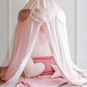 Little Fairy Bed Canopy Dome Baby Girl Net Curtain Lotus Leaf Flaps With Dot Tassel Bedding Valance.
