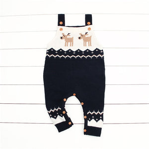Babies 6 months to 24 months reindeer overalls in comfortable knit all dressed up for Christmas.