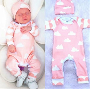 2 PCS Cute Newborn Baby Girl White Clouds long sleeve Pink Romper + Hat Outfit.