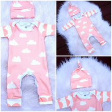 Load image into Gallery viewer, 2 PCS Cute Newborn Baby Girl White Clouds long sleeve Pink Romper + Hat Outfit.