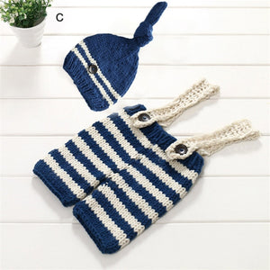 BAB- Baby Clothes Newborn Girls Boys Crochet Knit Overall Bib Pants and Hat Sets Striped Outfits