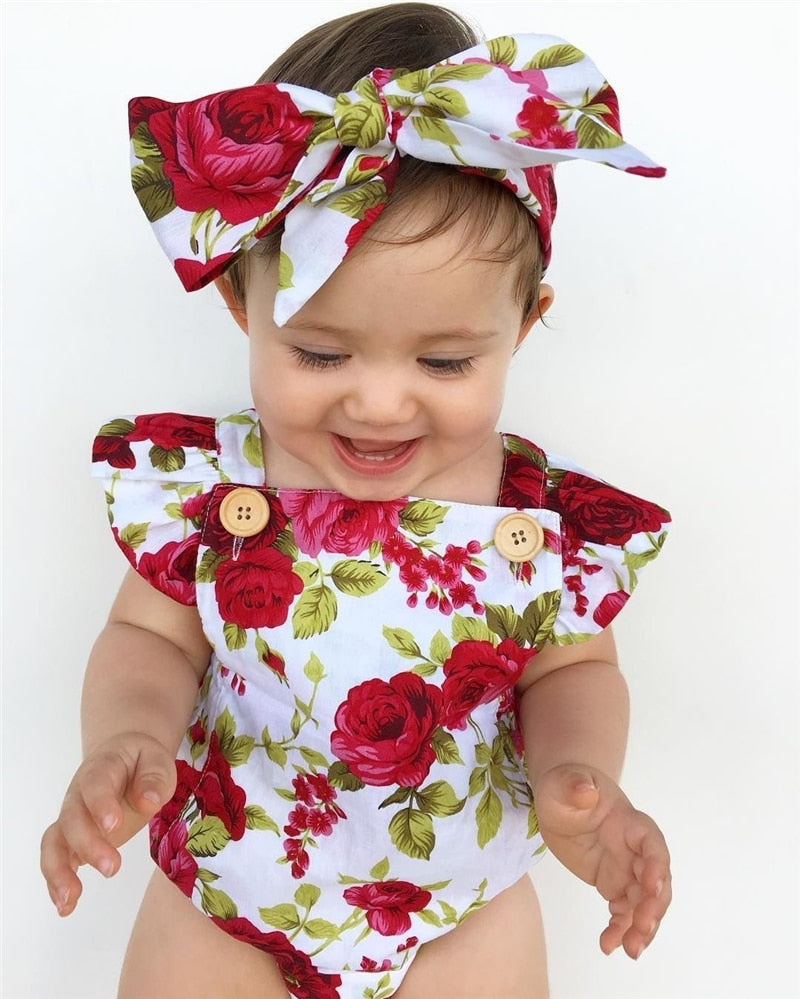 ZG-2019 Floral Newborn Baby Girl Clothes Ruffles Sleeve Bodysuit with matching Headband  6-24M