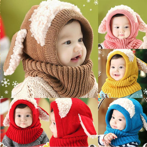 HAT- Baby Toddler Winter Beanie Warm Hat Hooded Scarf Earflap Knitted Cap Infant Cute Cartoon Rabbit Hat Scarf Set Earflap Caps
