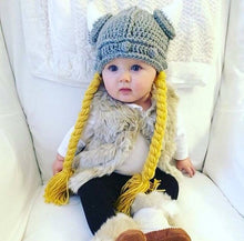 Load image into Gallery viewer, Crochet Viking hat, Newborn to Adult, with blonde braids Crochet Viking Horn Hat.
