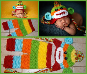 Handmade Baby Boy Hat / Pant Set Newborn Baby Boy Colorful Crochet knit Sock Monkey Hat With Ear Flaps