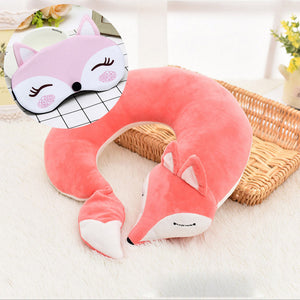 PI- Lovely Fox Animal Cotton Plush U Shape Neck Pillow Travel Car Home Pillow Nap Pillow Health Care with Eye Mask