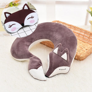 PI- Lovely Fox Animal Cotton Plush U Shape Neck Pillow Travel Car Home Pillow Nap Pillow Health Care with Eye Mask