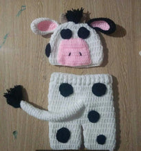 Load image into Gallery viewer, Mooo, Baby Cows with huge beautiful ears Handmade  Costume Knitted outfit.