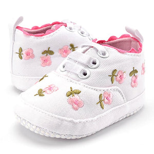 Baby Girl Shoes White Lace Floral Embroidered  Prewalkers.